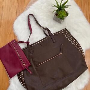 Large Brown Studded Tote Bag with Matching Burgundy Pouch